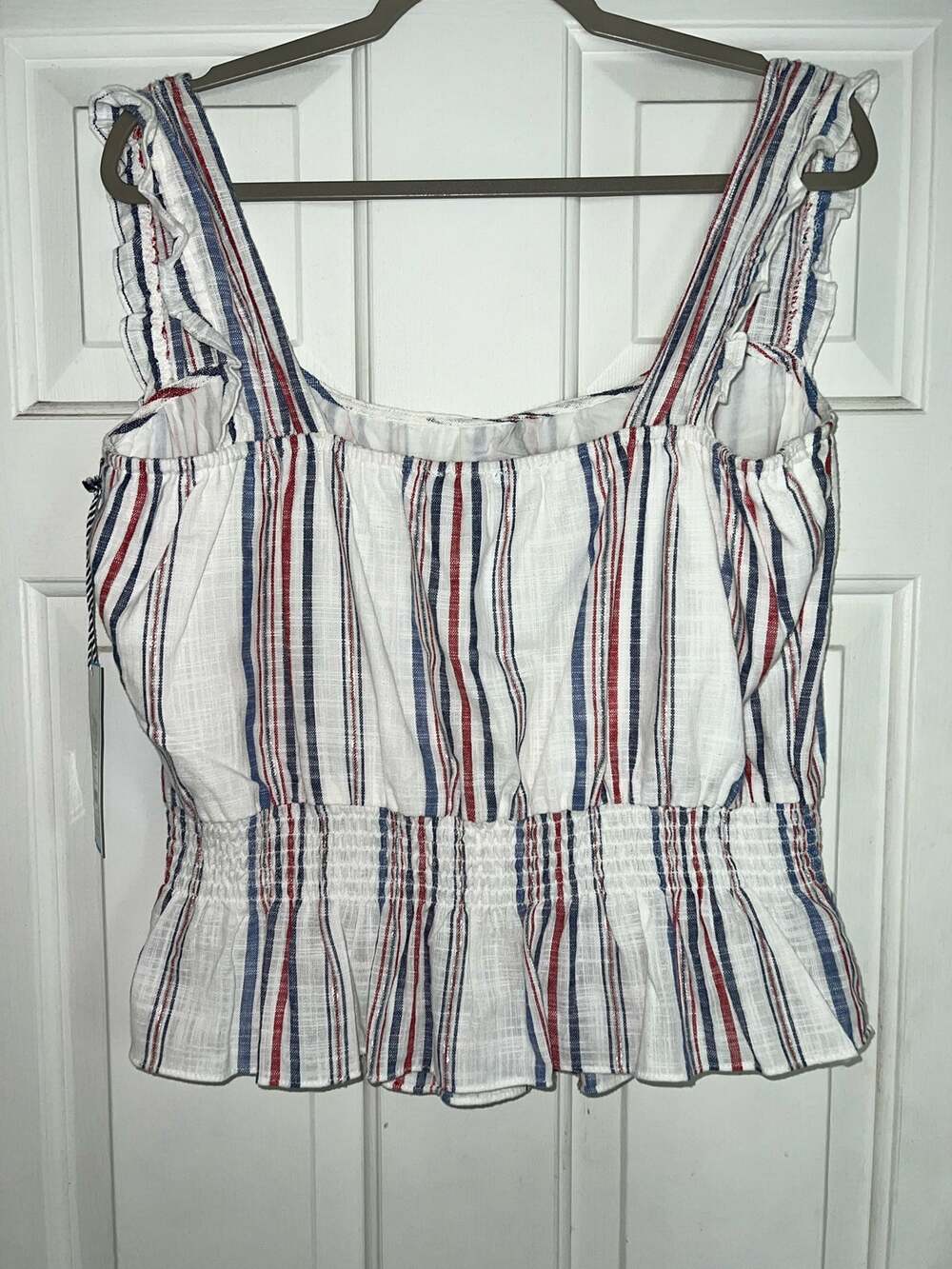 Draper James RSVP Red/Blue/Metalic Striped Squareneck Peplum Hem Sleeveless Top